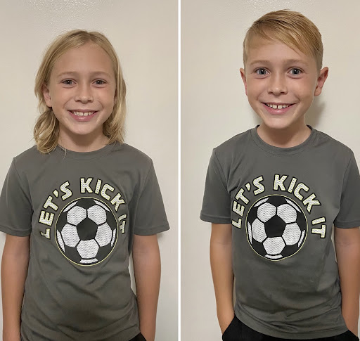 smiling boy before and after haircut