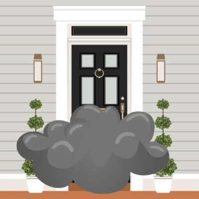 Cartoon image of a dark grey cloud hovering outside a front door
