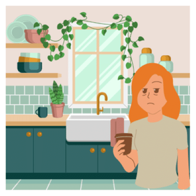 Cartoon image of a woman stood in a kitchen looking tired and holding a drink