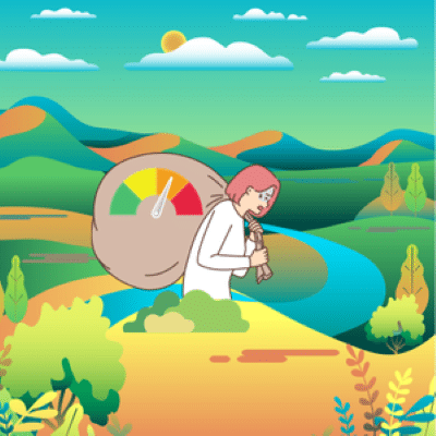 Cartoon image of a tired woman walking through wilderness carrying a heavy, full sack over her shoulder