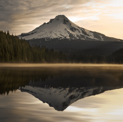 Photograph of a mountain with forest and a lake in the foreground, and the mountain and forest's reflection in the lake.